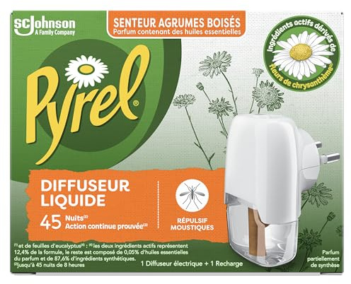 Pyrel Diffuseur Électrique Agrumes Boisés 1 Diffuseur + 1 Recharge | Diffuseur électrique anti-moustiques, parfum agrumes boisés, 45 nuits d'efficacité, 1 diffuseur et 1 recharge de 32 ml