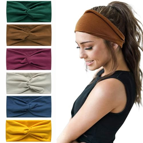 6Stück Bandana Stirnbänder für Frauen breite wellige Kopftuch Boho Kopftücher Wraps Turban Stoff elastische Stirnband Yoga Haarbänder Sport Laufen Kopftücher