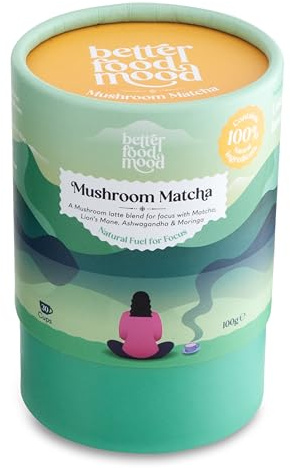 Better Food Mood Lion's Mane Mushroom Matcha Latte Powder 100g | Energy, Focus - Adaptogenic Ashwagandha Lions Mane Matcha Moringa Mushroom Blend