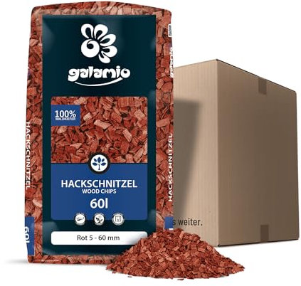 GALAMIO Holzhackschnitzel Rot Hackschnitzel Mulch Natur Wald Kiefer Pinus Sylvestris Garten Dekor Holz Häcksel Grob 5-60mm 60l Sack / 1 Karton