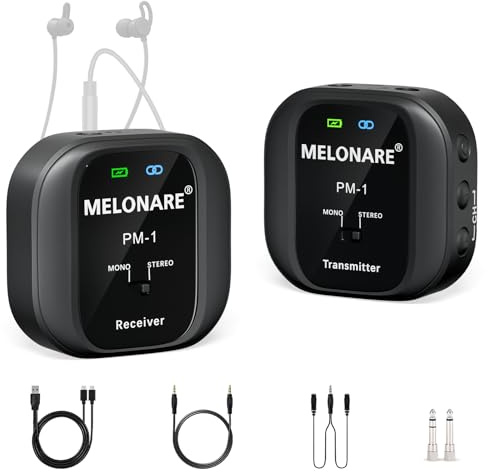 Melonare PM-1 - Sistema di monitoraggio in-ear wireless UHF 500 MHz, audio HD, trasmettitore e ricevitore Beltpack, 10 canali, mono/stereo, IEM per esibizioni dal vivo