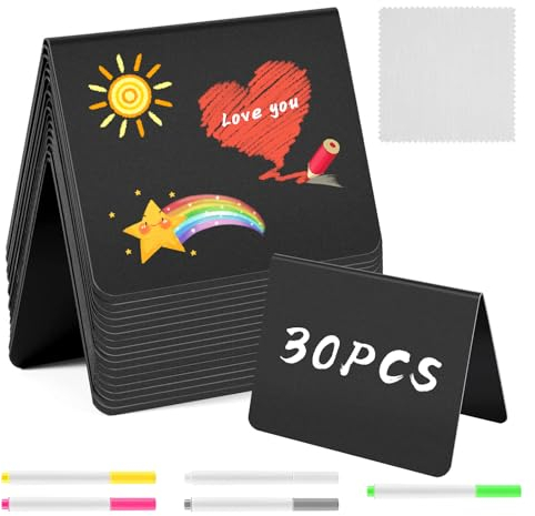 30 Stück Mini Kreidetafel Klein Buffet Schilder Tafel mit 5 kreide, Kleine Tafeln zum Beschriften Tischkarten für Buffet, Hochzeit, Party, Preisschilder, Café (30 Stück V)