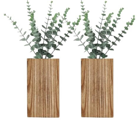 Luxshiny Wand-Pflanzgefäße aus Holz mit künstlichem Eukalyptus, 2 Stück, moderne Bauernhaus-Wanddekoration, Holztasche zum Aufhängen, Wandvase mit Kunstpflanze für Wohnzimmer, Schlafzimmer,