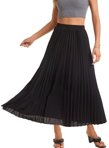 Yanhalo Womens High Waist Flowy Pleated Skirt Elastic Stretch Long Ankle Length Swing A-line Beach Maxi Skirt Black