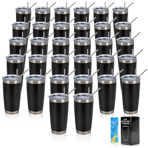 IEOVIEE 32 Pack, 20oz Stainless Steel Bulk Tumblers with Lids and Straws, Double Wall Insulated Travel Coffee Mug, Durable Powder Coated Tumbler Bulk Cup for Cold and Hot Drinks(Black)