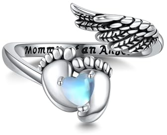 Miscarriage Ring 925 Sterling Silver Angel Wing Moonstone Adjustable Spoon Thumb Open Ring Memorial Loss of Pregnancy Miscarriage Jewellery Gifts for Women Girls Mom Mother