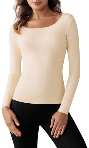 Harlamvar Womens Winter Thermal Undershirt Ladies Warm Long Sleeve Tops Scoop Neck Soft Baselayer Shirt Beige