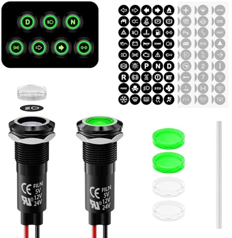 FILN 2Pcs LED Indicator Light Metal 180 Symbols 12V 24V Compatible 12mm Mounting Hole IP67 Waterproof Rating Ideal for DIY,Car, Boat, Motorcycle Dashboard Indicator Lights(Green LED Light)