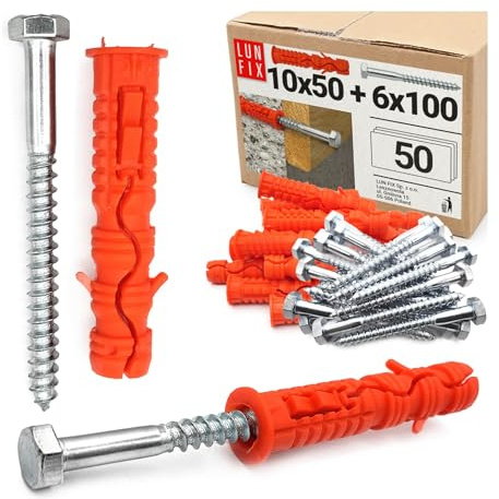 Set di 50 tasselli da 10 x 50 mm con vite esagonale 6 x 100 mm in nylon e acciaio zincato bianco con viti per cemento, muratura, pergola, montaggio facciata