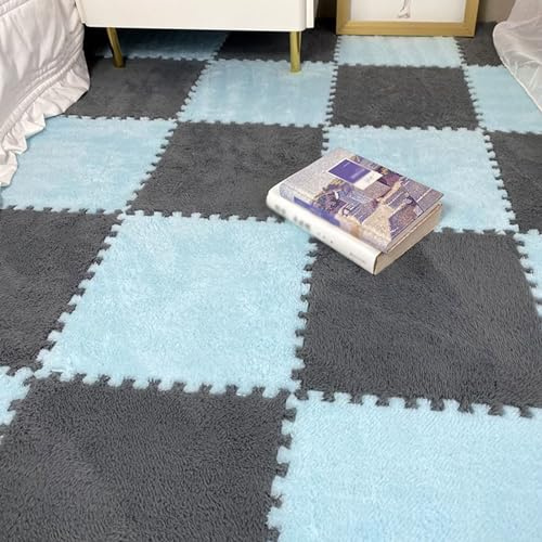 JFGCTYHXY Alfombras, Losetas de Alfombra entrelazadas Felpa, tapetes Espuma entrelazados, alfombras Rompecabezas Antideslizantes, Cuadrados(Blue+Gray,18pcs)
