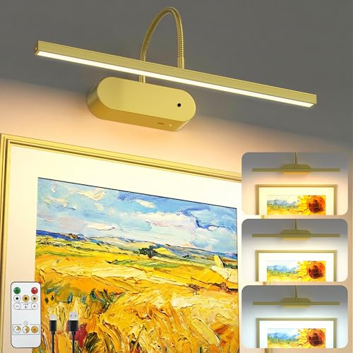 Rechargeable Picture Lights for Wall, Battery Operated Wall Light with Flexible Gooseneck, Wireless Art Lighting for Paintings & Portraits, Remote Control, 3 Colors Dimmable, Timer (Gold, 1 Pack)
