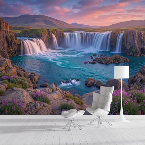 ZISTRCBAO Carta Da Parati Fotografica Cascata Al Tramonto, Scenario Naturale Poster Giganti Da Parete, Blu Fotomurale Carta Parati per Decorazione Da Muro per Soggiorno 200x140cm