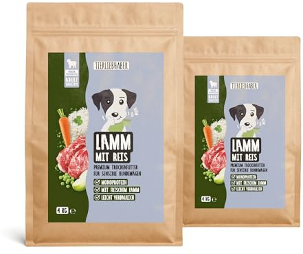 Hundefutter Lamm & Reis Hundefutter Trocken – Trockenfutter für Hunde 2x4Kg | Tierärztlich entwickeltes Hundetrockenfutter Monoprotein & gut verträglich – Hypoallergenes Trockenfutter von TIERLIEBHABER