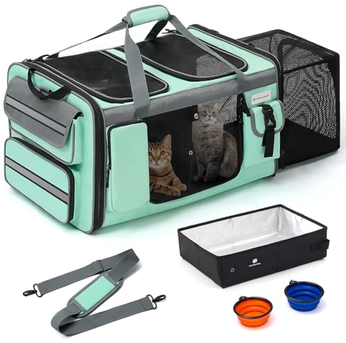 Odoland Caja de transporte para gatos para 2 gatos - Bolso plegable y expandible para gatos grandes y cachorros, bolsa de transporte para perros transpirable con correa para el hombro y bandeja para