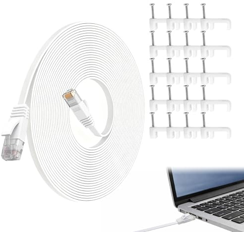 Manyugo Cat 6 Ethernet Cable 15m Flat Ethernet Cables Long Ethernet Cable High Speed Internet Cable White Network Cable RJ45 Cable for Router PC TV PS Switch Console Printer Computer Laptop