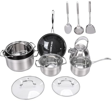 Leftwei Kökskärl i Rostfritt Stål Induktionsspis Plattbottnade Grytor med Vattenkokare Spatel Sked Kraftiga Värmebeständiga Handtag Elegant Modern Design Mångsidig för Matlagning