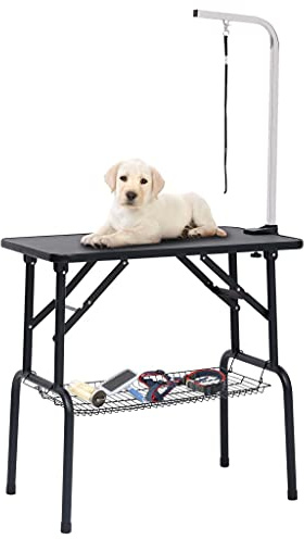 QUAHEAS Tavolo da toelettatura regolabile per cani e gatti, con gambe in acciaio inox, superficie antiscivolo, 81 x 48,5 x 80 cm, 1 passante, cestino portaoggetti, pieghevole per la toelettatura e la