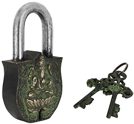Dekorative Vorhängeschloss Ganesh Gravierte massivem Messing mit natürlichen Patina in einem wunderschönen verziert Vorhängeschloss.