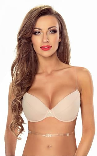 Vivisence Push Up Bra with Invisible Back Strap for Backless Dresses, Beige,34C