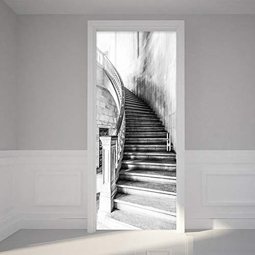 3D Türtapete Selbstklebend Türposter Schwarz-Weiße Treppe Vinyl Entfernbar Zimmertür Aufkleber Tapete Wandbilder Wohnzimmer Schlafzimmer Haus Dekoration 77X200Cm