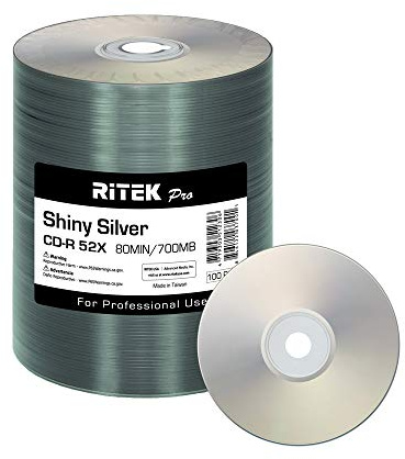 100 Pack Ritek Pro (Professional Grade) CD-R 52X 700MB Shiny Silver Lacquer Silk Screen Printable Blank Media Recordable Disc