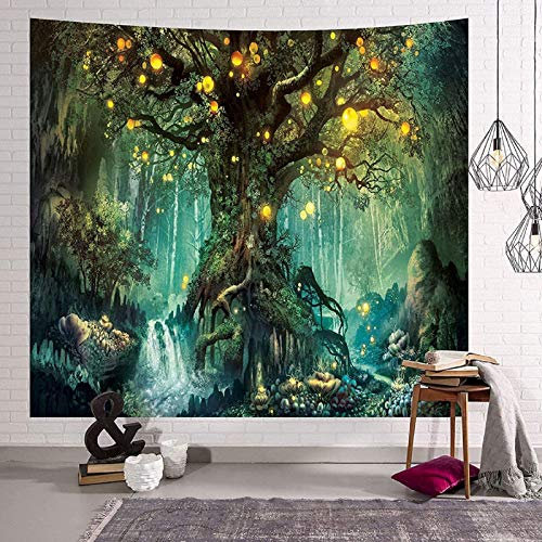 Traumheim Baum des Lebens Wandteppich, Wandbehang Wandtuch Wasserfälle mit Elfen Unter Altem Verzaubertem Baum, Wandteppich Psychedelic Wald Wanddeko für Schlafzimmer Wohnzimmer Wohnheim