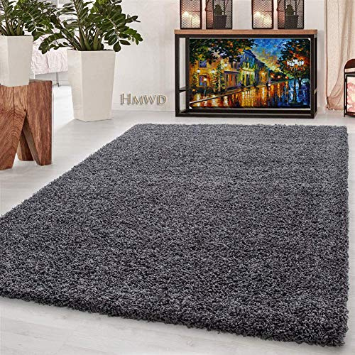 HMWD Modern Dark Grey Fluffy Deep Pile Thick Area Shaggy Rug Anti-Shed/Skid Plain Soft Touch Large Medium Floor Carpet Living Room Bedrooms Hallway Runner Mat-Available in 2 Sizes (120x170 cm)