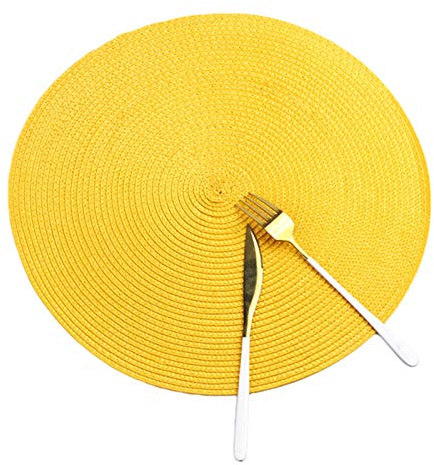 SWECOMZE 6er Set Platzsets Rund Tischsets Abwaschbar Hitzebeständig Platzdeckchen Gewebt 38cm Baumwolle Platzsets für Küche, Party, Hochzeit (Gelb)