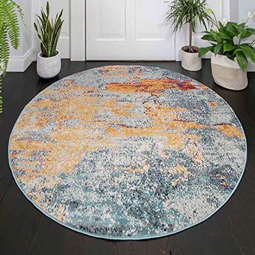 Abstract Ochre Blue Round Circle Rug Terracotta Painterly Circular Table Chair Rugs 160cm