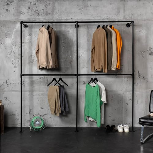 RSR Hangers Kleiderschrank Industrial Style Garderobe Kleiderstange Industrie Schwarz für die Wand | 210 cm x 210 cm | Wandmontage | Wandgarderobe | Loft Design | begehbarer Kleiderschrank