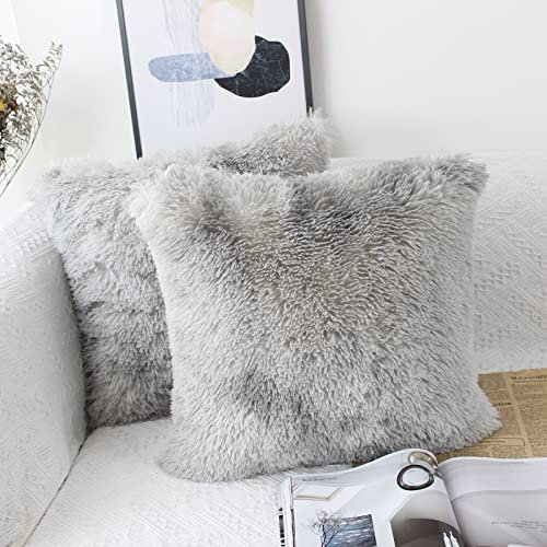 OYIMUA Set of 2 45 x 45cm Faux Fur Fluffy Cushion Covers Soft Throw Pillow Case 18x18 Grey Decorative Square Plush Pillowcase for Livingroom Sofa Bedroom