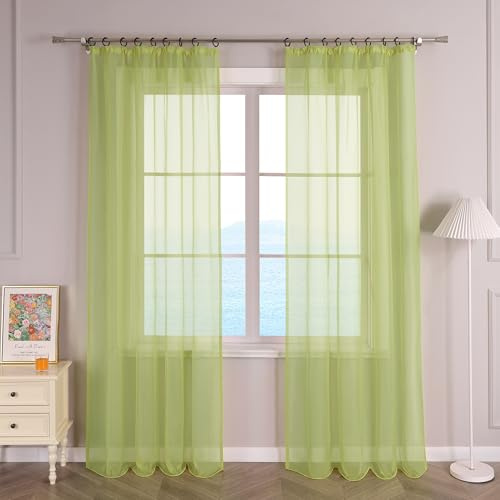 ESLIR Gardinen mit Kräuselband Vorhänge Fensterschal Transparent Schlaufenschal Voile Schal Uni Grün BxH 145x175cm 1 Stück