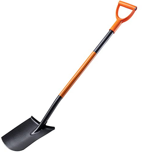KADAX Spaten, L: 125 cm, Gärtnerspaten, Gartenschaufel mit Stahlstiel, Schaufel, Grabschaufel, Grabspaten für Garten, Pflanzspaten, Gartenspaten mit Metallgriff (Flach, schwarz/orange)