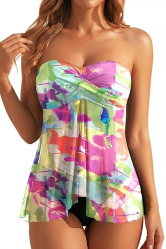 Tempt Me Womens Tie Dye Two Piece Bathing Suits Halter Bandeau Tankini Top Flyaway Swimsuit with Bottoms Tummy Control Swimwear L