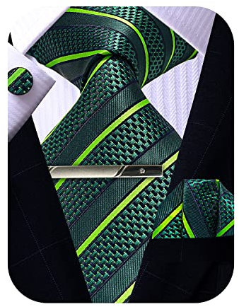 ROBERTO GABBANI Herren Seidenkrawatte und Einstecktuch Manschettenknöpfe Clip Set Designer gewebte Krawatte Set für Hochzeit Business Abschlussball, Grün gestreift, 8.5 cm
