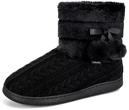 BUGUKI Hüttenschuhe Damen Plüsch Gefüttert Hausstiefel Frauen Winter Hüttenstiefel Plüsch Strick Warm Hausschuhe Hohe Pantoffeln Stiefel Slipper Boot, Schwarz Gr 40 41