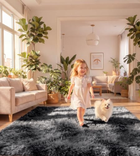 ROHATIM Teppich Wohnzimmer 200 x 300 cm dunkelgrau Waschbar Rutschfester Hochflorteppich Kinderzimmer Schlafzimmer Flauschiger Teppiche