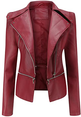 Giubbotto Biker in Ecopelle Donna Corto Finta Pelle Sintetica Rosso S