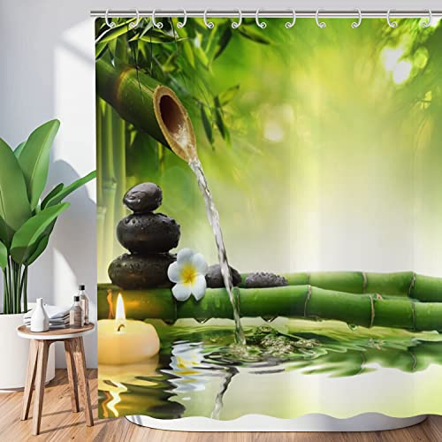 Hnmdmyi Duschvorhang Zen Garten 180x200, Spa Grüner Bambus Schwarzer Stein Weiße Blume Badewanne Vorhang Japanische Meditation Entspannend Wasserdicht Polyester Stoff Waschbar Badevorhang mit Haken