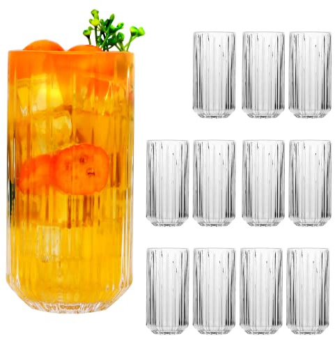 QAPPDA Highball Glasses Set of 12,Vintage Ribbed 13oz Drinking Glasses,Origami Style Glass Cups Everyday Glassware for Cocktail,Whiskey,Juice,Water