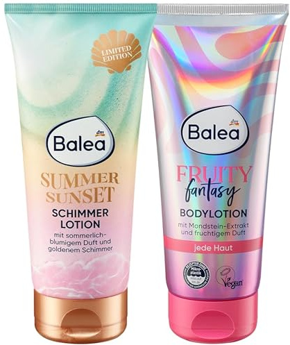 Balea 2er-Set Hautpflege: Schimmerlotion Summer Sunset goldener Schimmer mit sommerlich-blumigem Duft, 200 ml + Bodylotion Fruity Fantasy mit Mondsteinextrakt & fruchtigem Duft, 200 ml (400 ml)