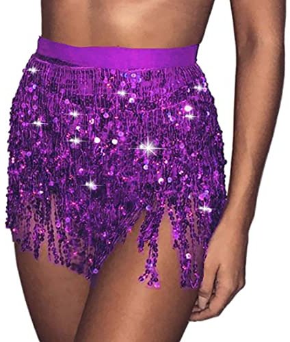 Cubahop Boho Paillette Bauchtanzrock Hüftgürtel Quaste Rock Hüft Wrap Schal Rave Musik Festival Kostüm für Frauen Mädchen (Lila)