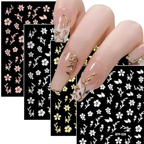 BHGT 4 Blätter Nagelaufkleber Selbstklebend Blumen Nagelsticker Maniküre Aufkleber Kirschblüten Glänzendes Weiß Gold Silber Champagner Nagelkunst Wrap Nail Stickers Nagel Sticker