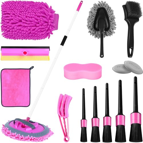 Brosse de Lavage de Voiture Rose de 157,5 cm avec Long Manche, Gant éponge Chenille en Microfibre pour Lavage de Voiture, raclette de fenêtre, Brosse de Roue, brosses de Nettoyage de Voiture, plumeau