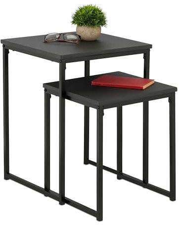 Relaxdays Beistelltisch 2er Set, stapelbar, Satztisch 2 Größen, quadratisch, Metall, Wohnzimmer, Dekotisch, schwarz