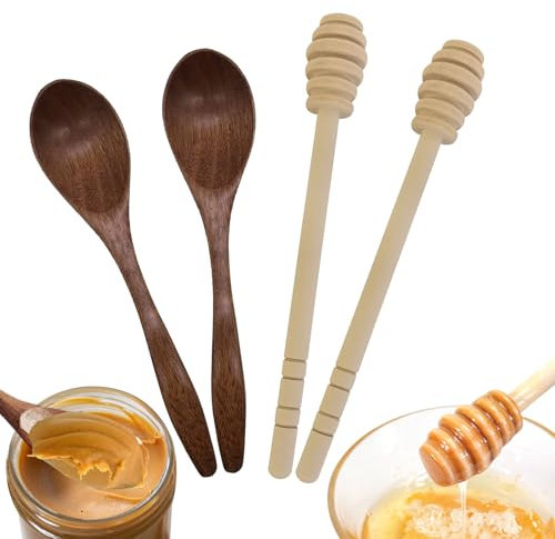 Cuillère à miel set, 4 manches cuillères à mélanger en bois, petite cuillère en bois naturel pour mélanger la pâte à café honey tea et cadeau de fête de mariage