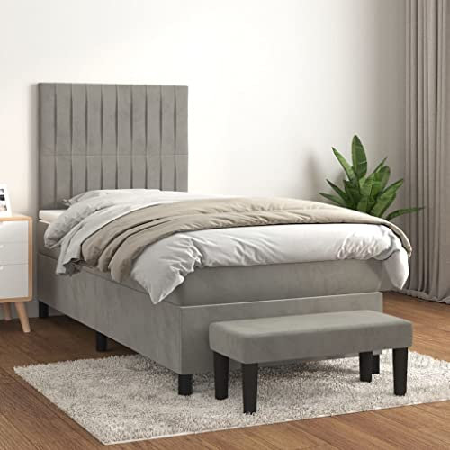 OHOOWOO Boxspringbett mit Matratze Hellgrau 90x190 cm Samt,Bequemes Boxspringbett mit Kopfteil und Matratze in Hellgrau für erholsamen Schlaf
