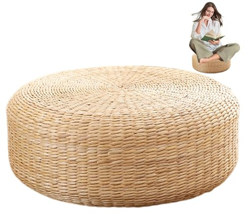Tadoiooy Tatami Floor Cushion Natural Woven 16 Inch, Beige, Bulrush & Iron, Traditional Ottoman, 40D x 40W x 10H cm