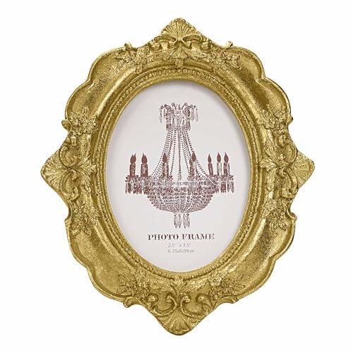 Desklens Vintage-Bilderrahmen, ovaler antiker Bilderrahmen mit Echtglasfront, luxuriöser Tischdekoration, Wanddekoration, Geschenkideen (Goldblume, 6,3 x 8,9 cm)