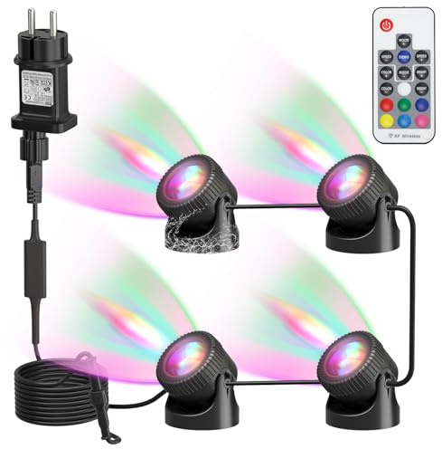 SoulBay Teichbeleuchtung, RGB Unterwasser LED Licht mit Fernbedienung, IP68 Wasserdichte Poolbeleuchtung Teichheizung Gartenbeleuchtung Unterwasserbeleuchtung für Teich Patio Garten Brunnen, 4er